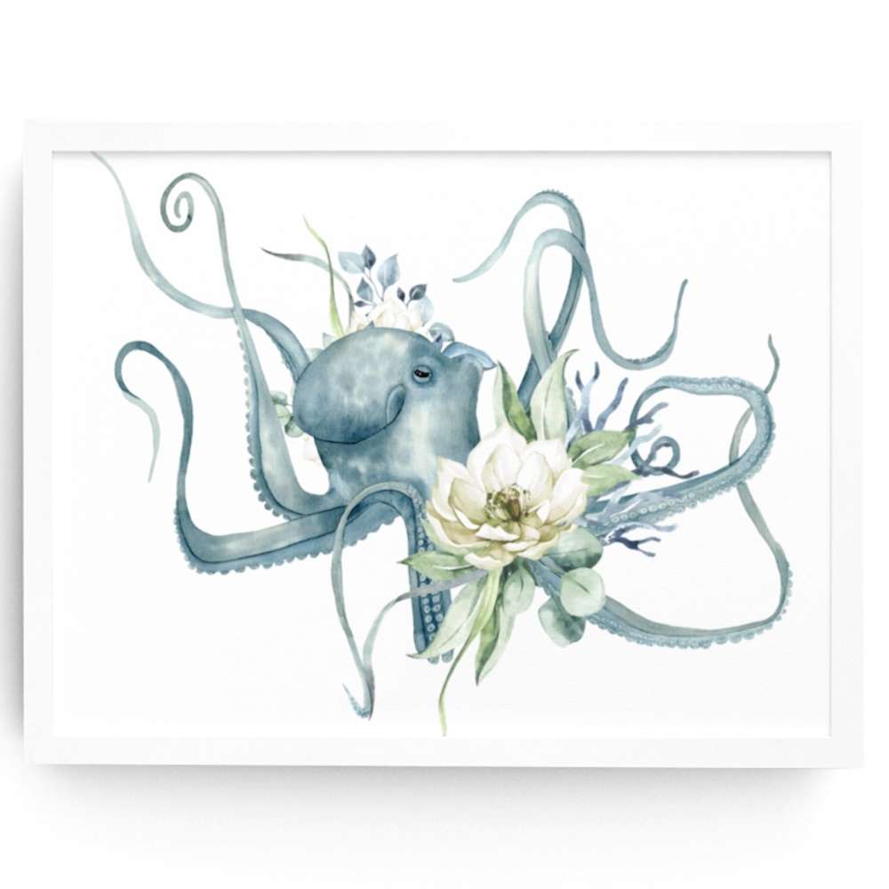 Watercolor Floral Octopus Wall Art Illustration Print Poster Card Unframed - Picture 1 of 7